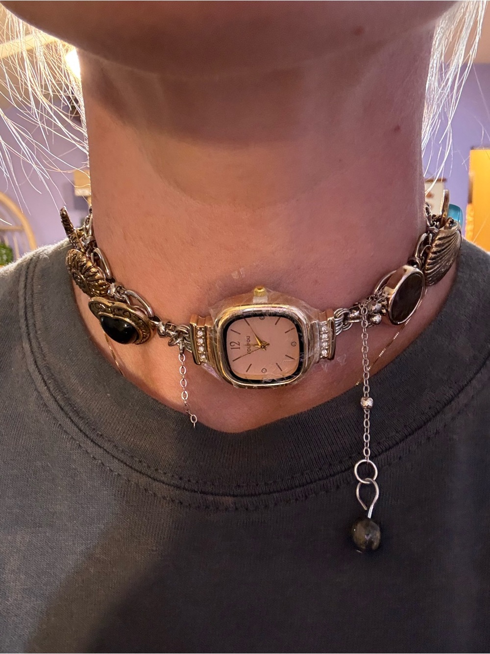 Vintage-Inspired Gold Tone Choker Watch Necklace